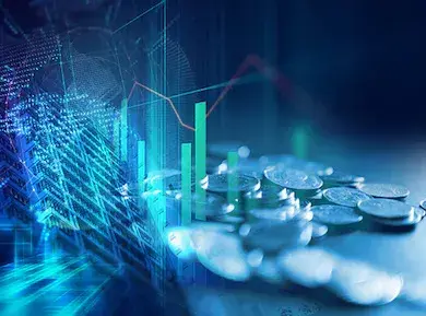 A futuristic image of coins and graphs signifying the theme of 'sample finance committee charter.'
